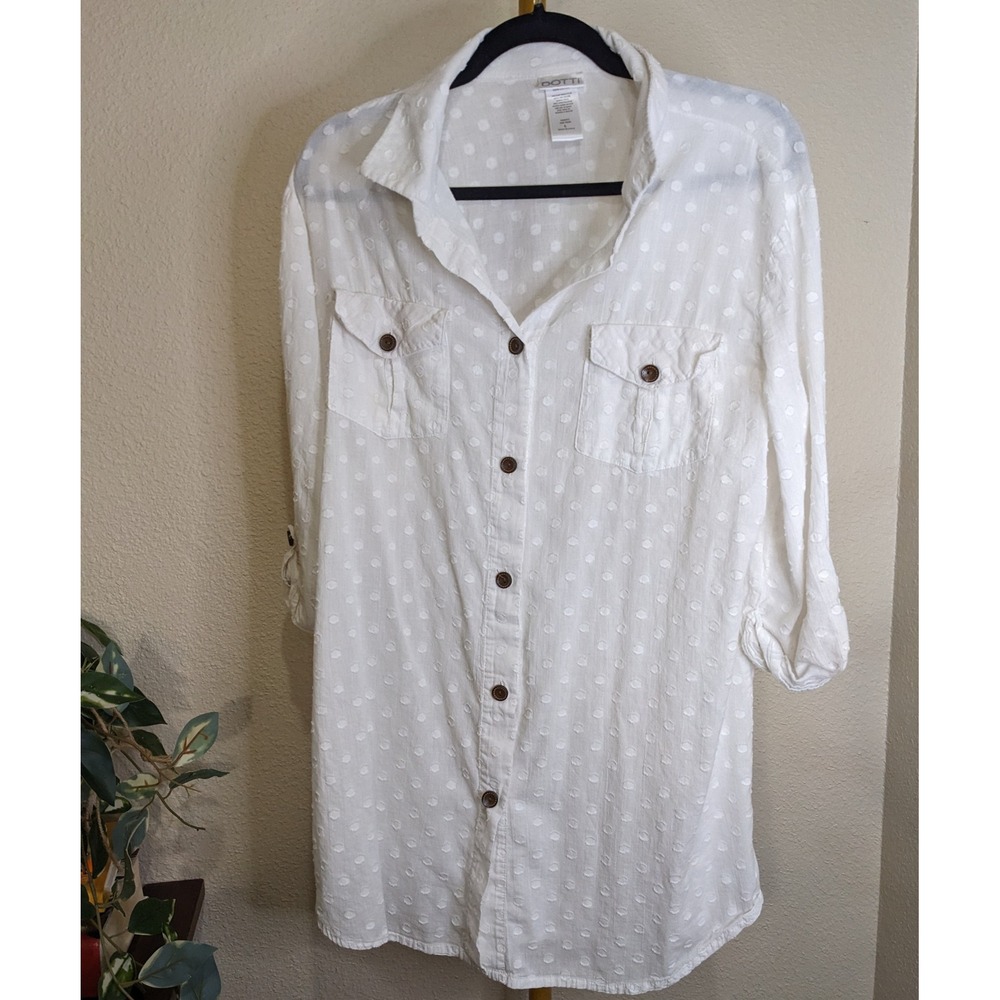 Dotti White Cotton Swiss Dot Button Down Tunic Top Coastal Chic Flowy Boho
